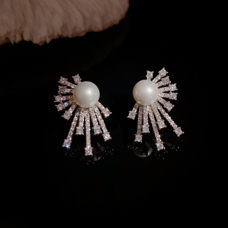 14K Gold-Plated Zircon and Pearl Geometric Earrings - Elegant Design