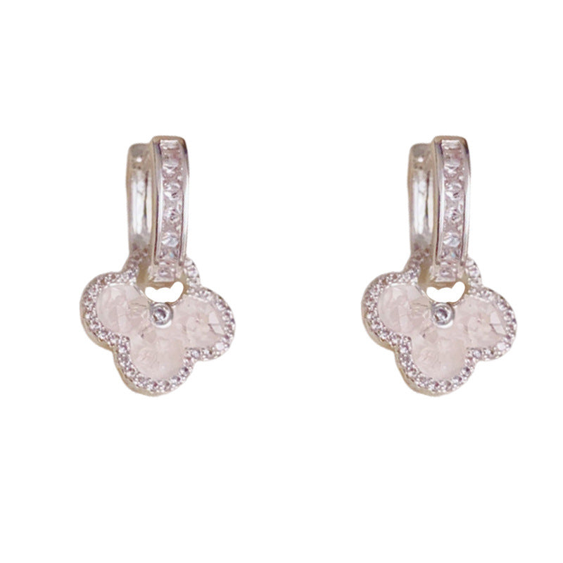 14K Gold Crystal Four-Leaf Flower Earrings – Elegant Sweet Design