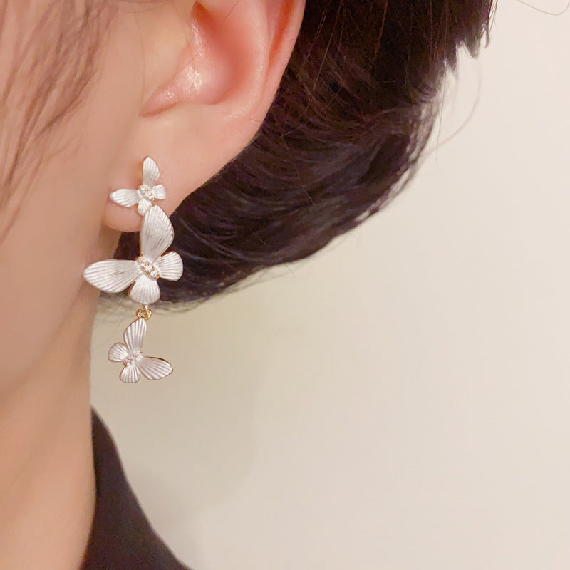 14K Gold Luxury 3D White Butterfly Tassel Drop Earrings–Elegant Design