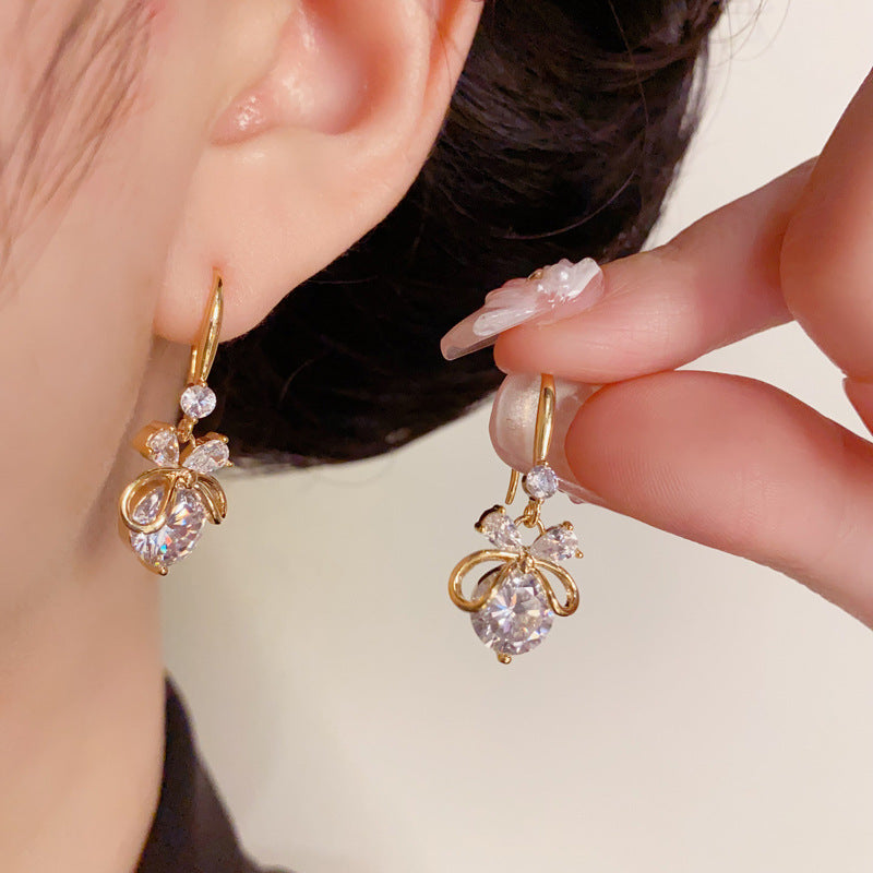 Luxury Zircon Bow Ear Hook Earrings – Silver Needle Elegant Design