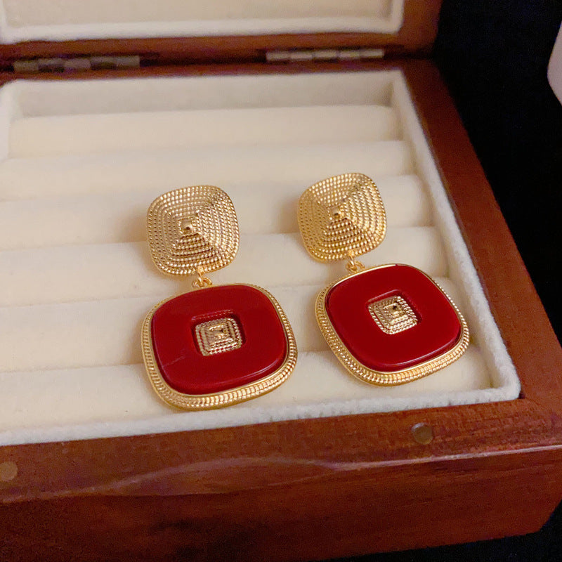 Elegant Metal Square & Red Block Drop Gold Earrings – Geometric Design