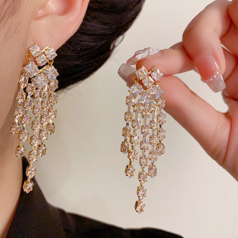 14K Gold-Plated Full Diamond Heart Tassel Earrings – Glamorous Design