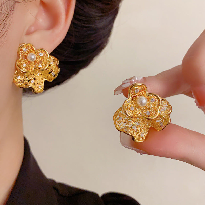 Luxury Hollow Metal Petal Two-Way Stud Earrings – Floral Design