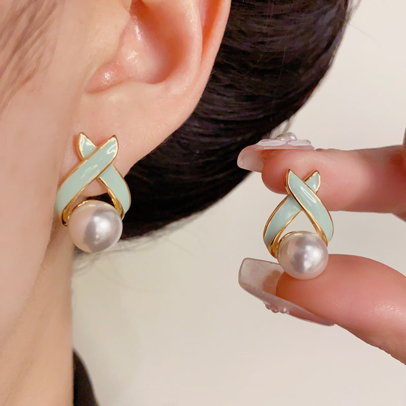 14K Gold-Plated Enamel Cross Pearl Stud Earrings – Minimalist Chic