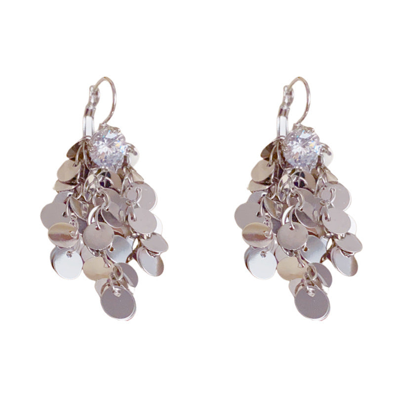 Elegant Zircon Metal Disc Tassel Drop Earrings – Geometric Design
