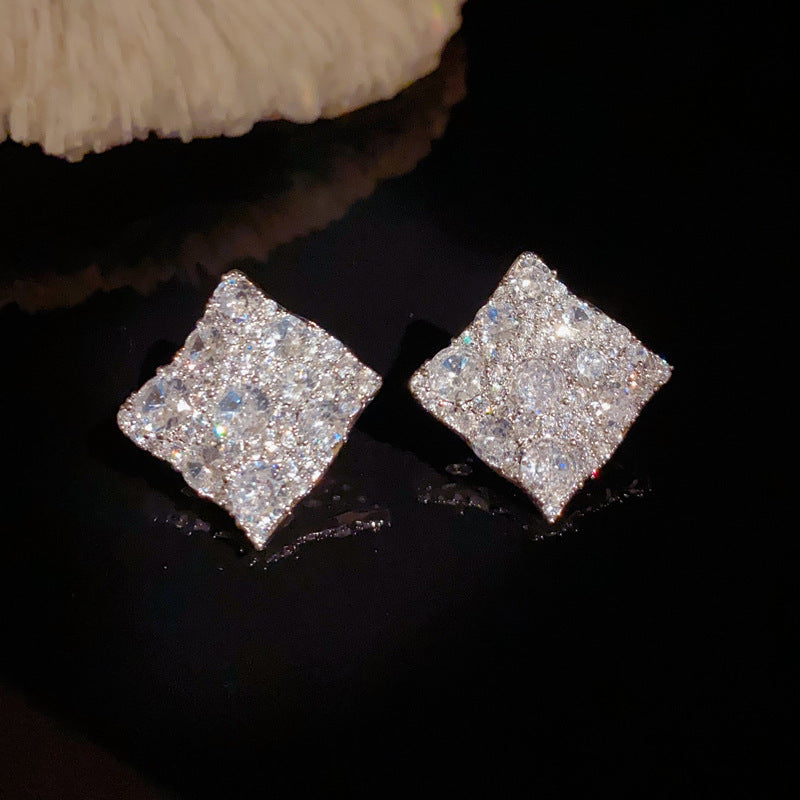 14K Gold Full Zircon Rhombus Stud Earrings- Chic Elegance Design
