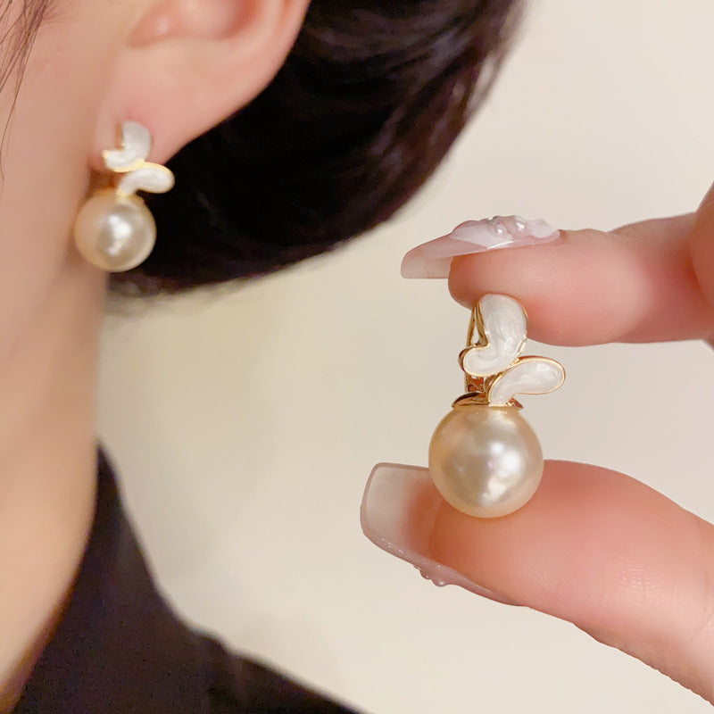 14K Gold Enamel Butterfly Pearl Huggie Earrings – Sweet & Chic Design