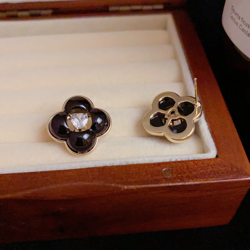 French-Style Zircon Four-Leaf Flower Stud Earrings– S925 Silver Needle