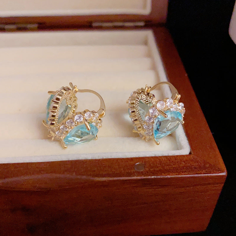 14K Gold Blue Zircon Double Heart Earrings - Chic Elegance Design