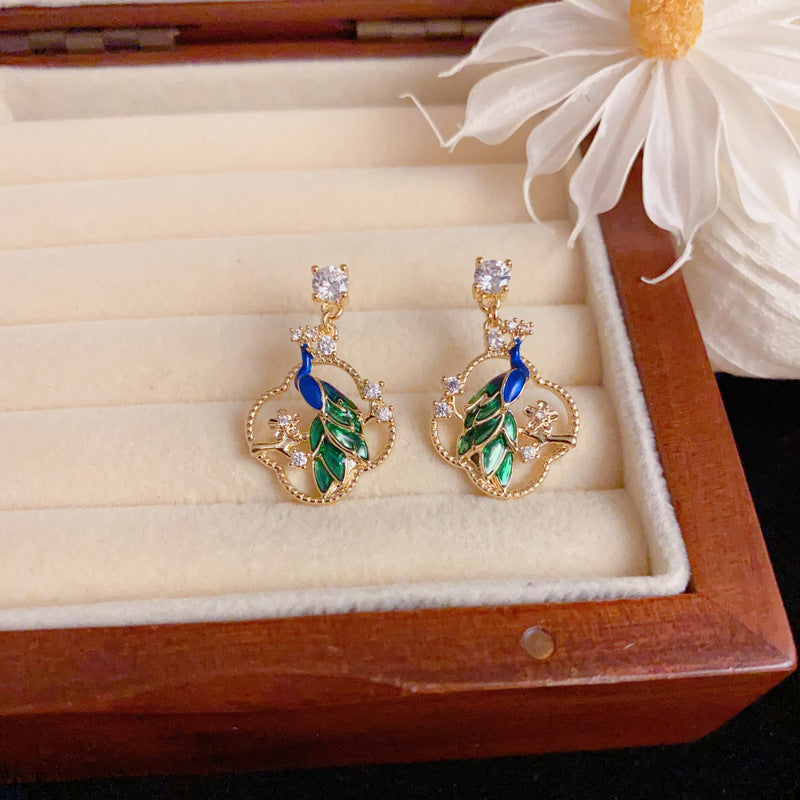 Elegant Petal Peacock Drop Gold Earrings – Floral Design