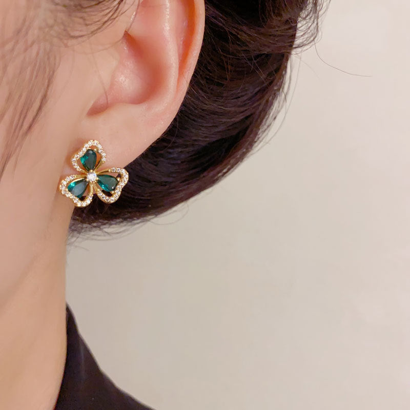 Luxury Zircon Green Clover Stud Earrings – Floral Design