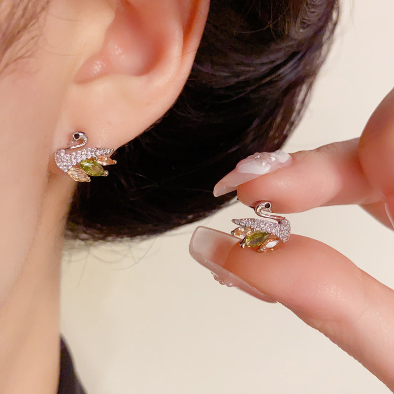 14K Gold Colorful Crystal Swan Stud Earrings – Dainty Animal Design