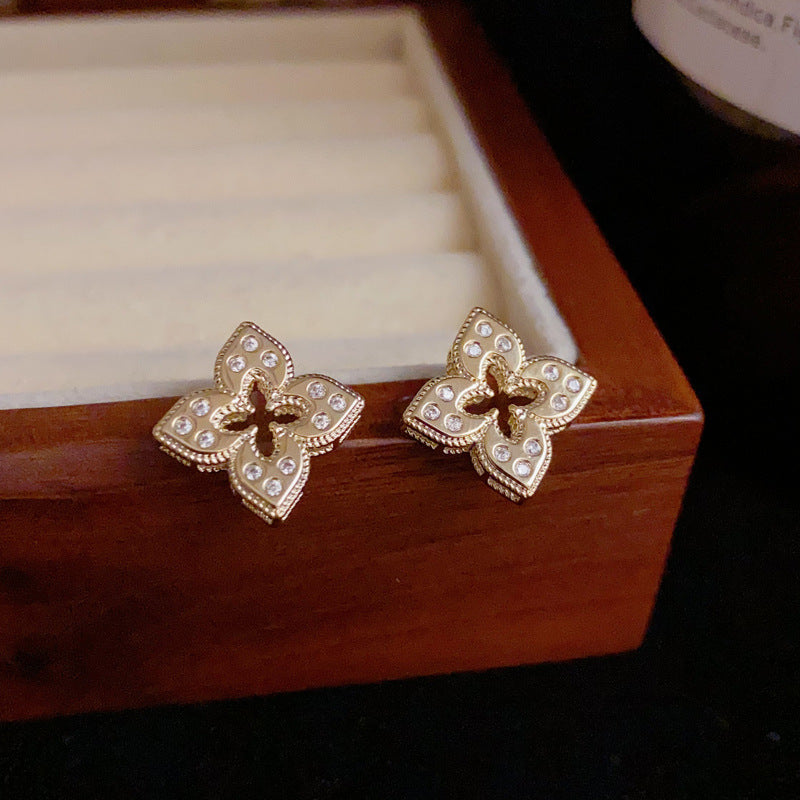 14K Gold-Plated Zircon 4-Petal Flower Earrings – Elegant Floral Design