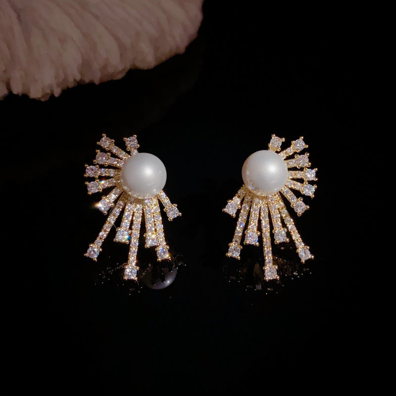 14K Gold-Plated Zircon and Pearl Geometric Earrings - Elegant Design