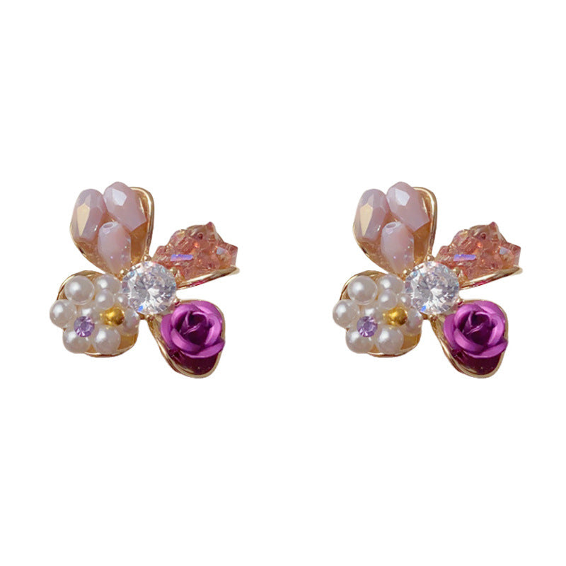 Elegant Crystal Pearl Rose Petal Stud Earrings – Floral Design