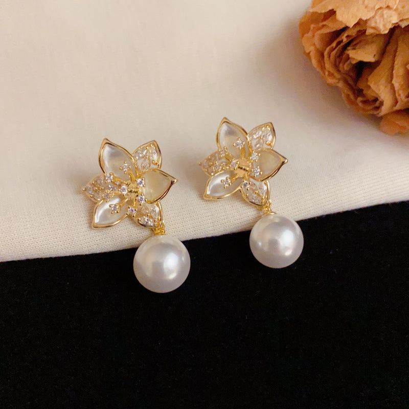Zircon Flower Petal & Pearl Drop Gold Flower Earrings – Elegant Design