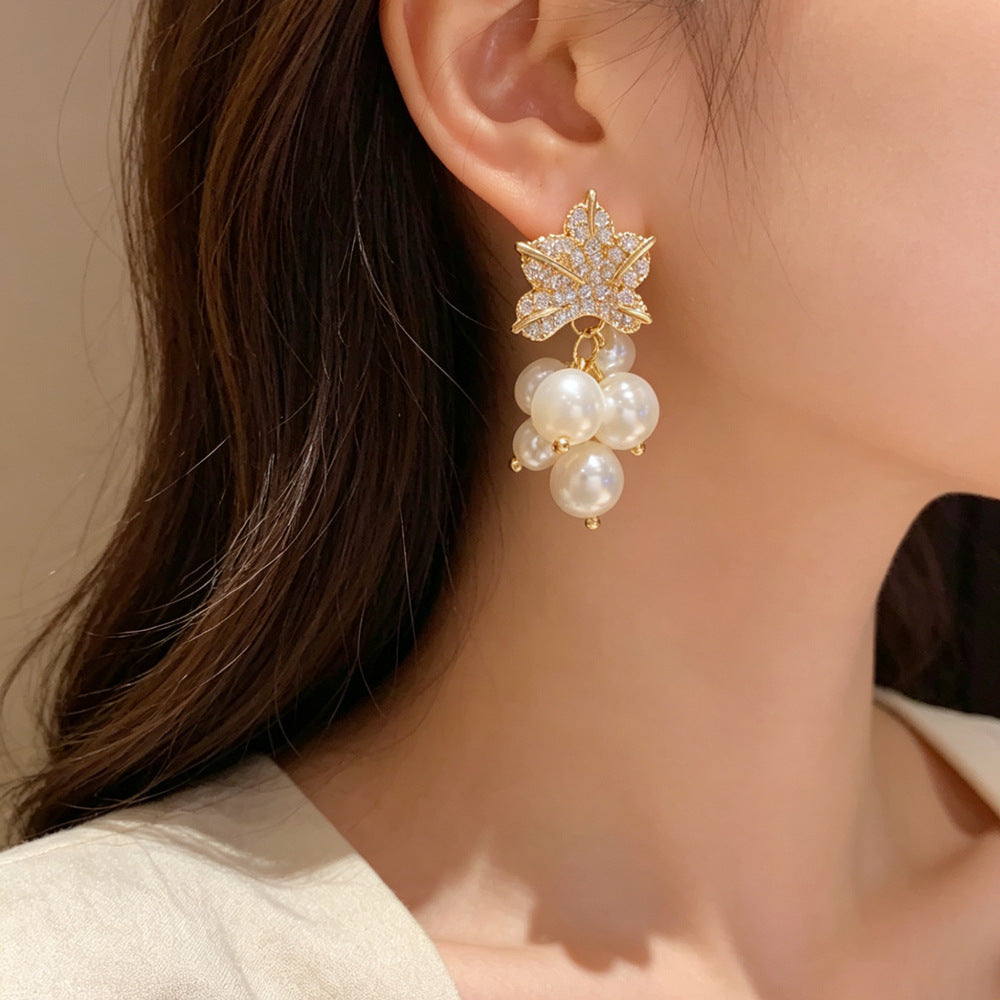 Eaioncol Leaf Pearl CZ Drop Earrings Gold Silver