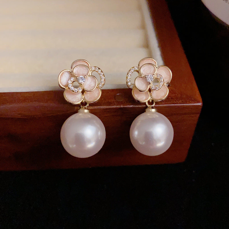 14K Gold Pink Camellia Pearl Drop Earrings – Floral Elegant Design