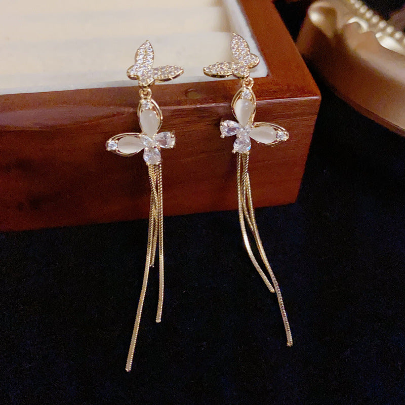 Luxury Butterfly Long Tassel Drop Earrings – Silver Needle Design