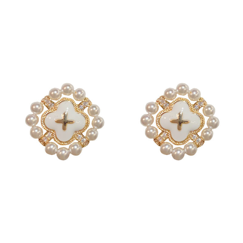 14K Gold-Plated Pearl Four-Leaf Flower Stud Earrings - Elegant & Chic