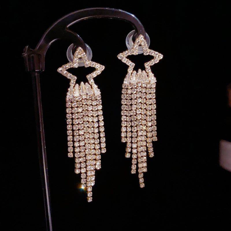 14K Gold-Plated Full Zircon Star Tassel Earrings–Sparkling Chic Design