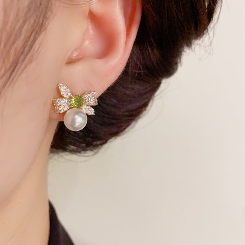 14K Gold-Plated Zircon Butterfly Knot Pearl Earrings - Elegant Design
