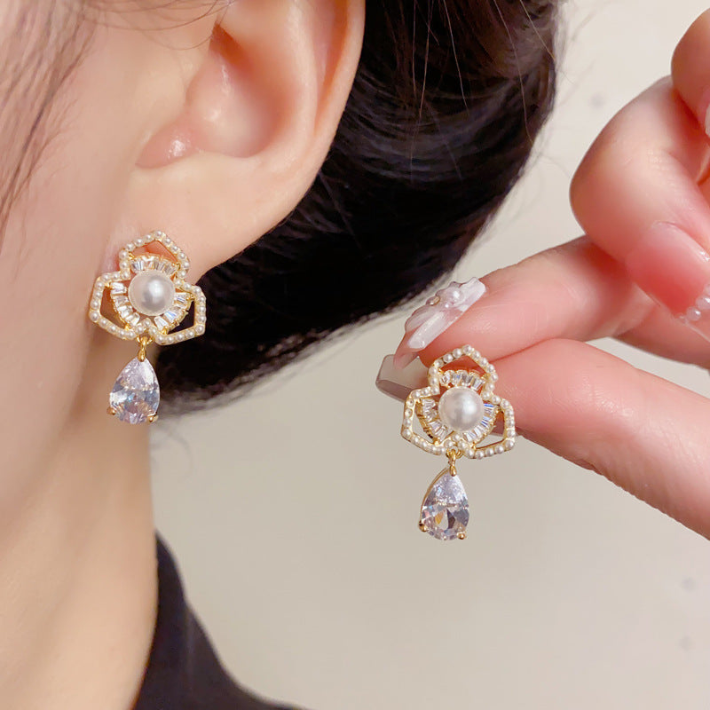 Elegant Zircon Pearl Petal Teardrop Drop Earrings – Floral Design
