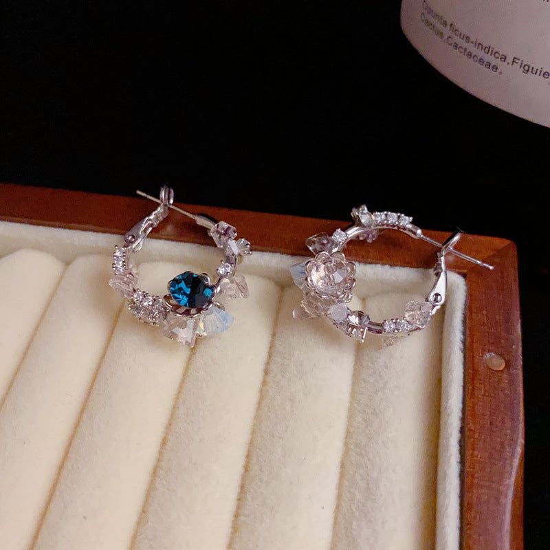 Vintage Double-Sided Cherry Blossom Pink Rhinestone Hoop Earrings