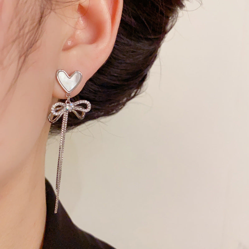 14K Gold Shell Heart Bow Tassel Drop Earrings - Chic Elegance Design