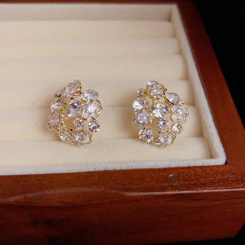 14K Gold-Plated Diamond-Studded Hollow Flower Earrings -Vintage Design