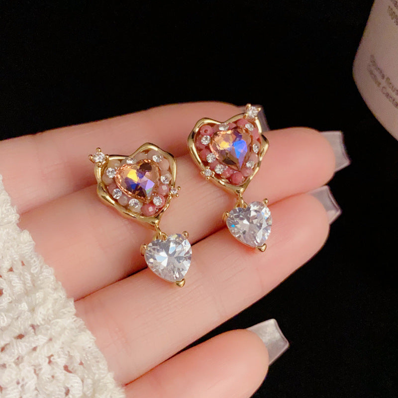 14K Gold-Plated Love Heart Bead Zircon Earring - Elegant Minimalist