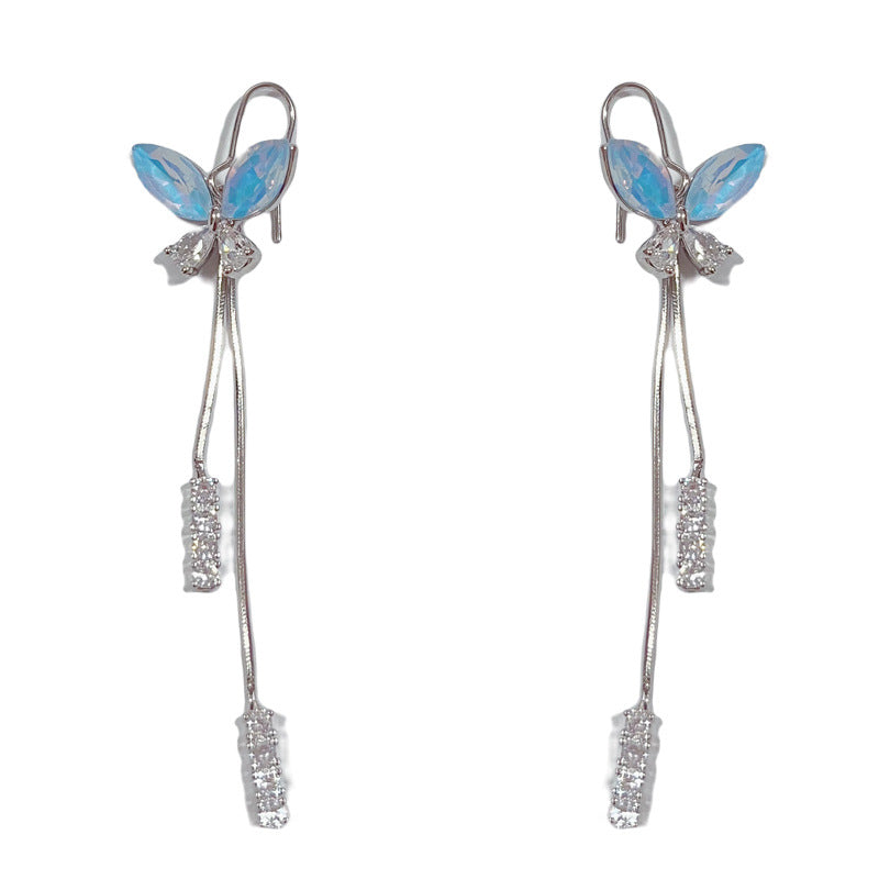 14K Gold-Plated Blue Butterfly Long Tassel Earrings – Elegant Design