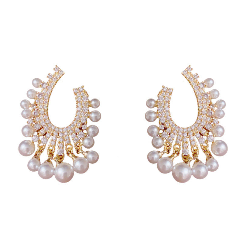 Luxury Droplet Arc & Pearl Earrings – Geometric Elegant Design