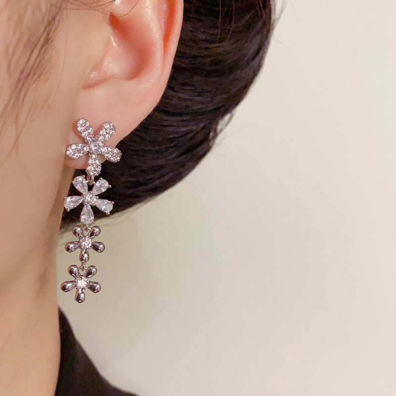 14K Gold Full Zircon Flower Tassel Earrings – Elegant Sweet Style