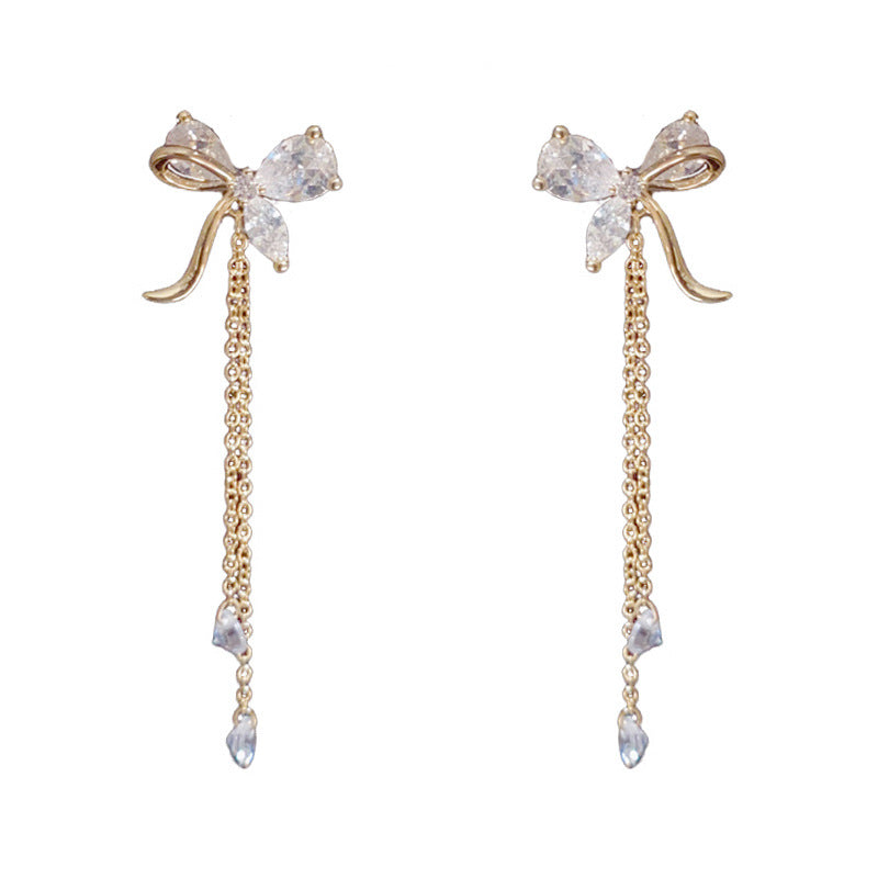 14K Gold-Plated Sweet Zircon Bow Tassel Drop Earrings – Elegant Design