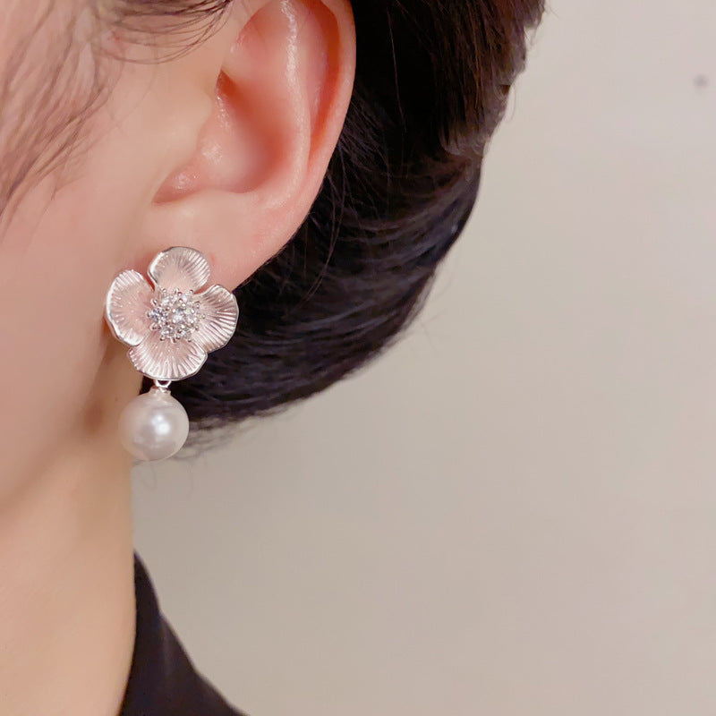Elegant Pink Flower Pearl Drop Earrings – Petal Design for Women