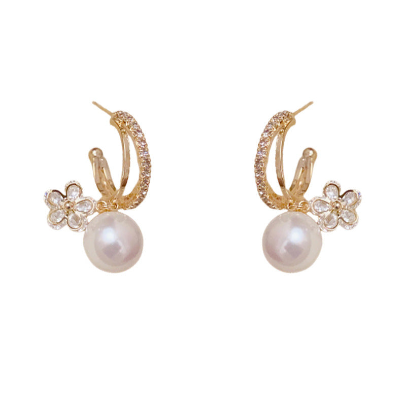 Luxury Zircon Flower & Pearl Drop Earrings – Elegant Floral Design
