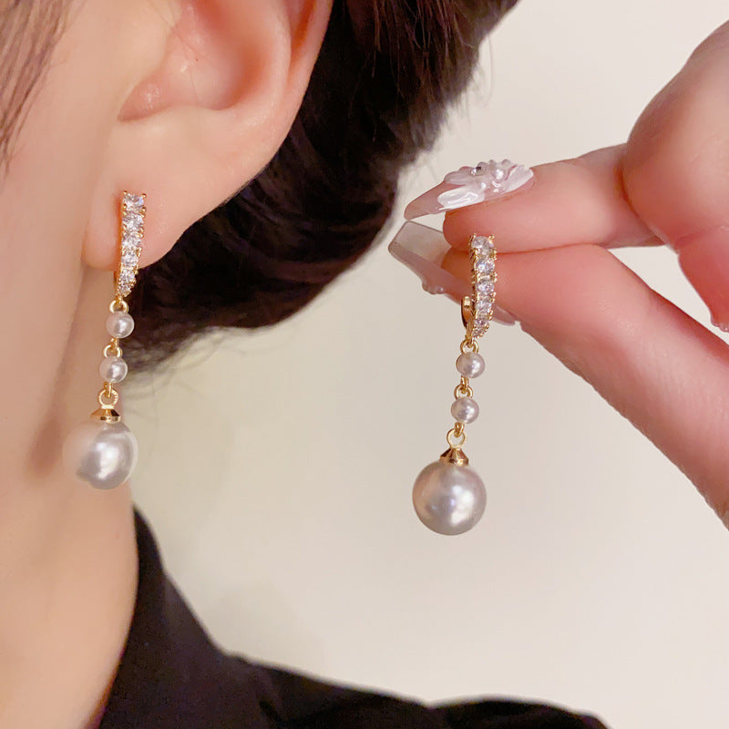 14K Gold-Plated Zircon C-Shaped Pearl Drop Earrings - Chic & Elegant
