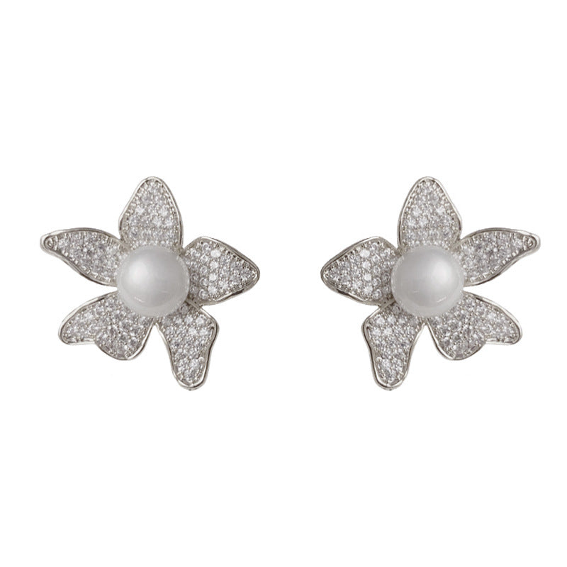 14K Gold Luxury Full-Zircon Flower & Pearl Earrings–S925 Silver Needle