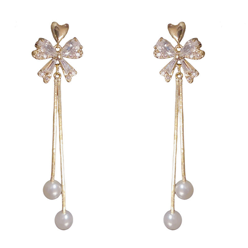 14K Gold-Plated Heart Zircon Bow Tassel Earrings – Elegance Design