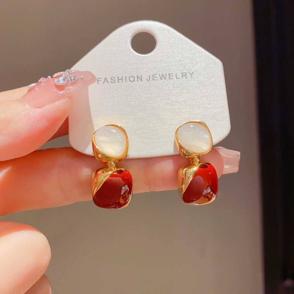 Eaioncol Geometric Enamel Drop Earrings White Red