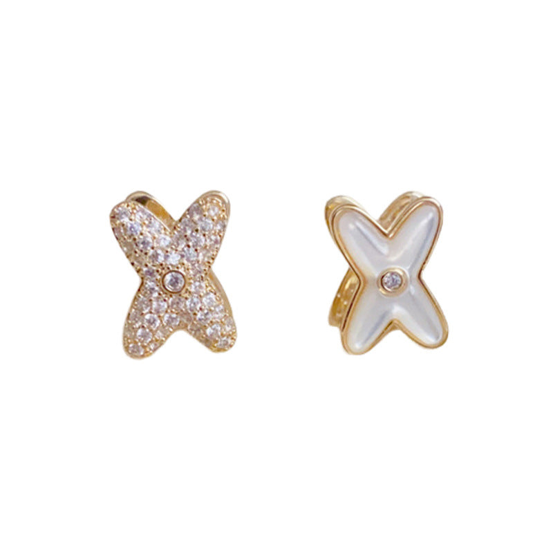 14K Gold Zircon & Mother-of-Pearl Cross Earrings – Elegant Design