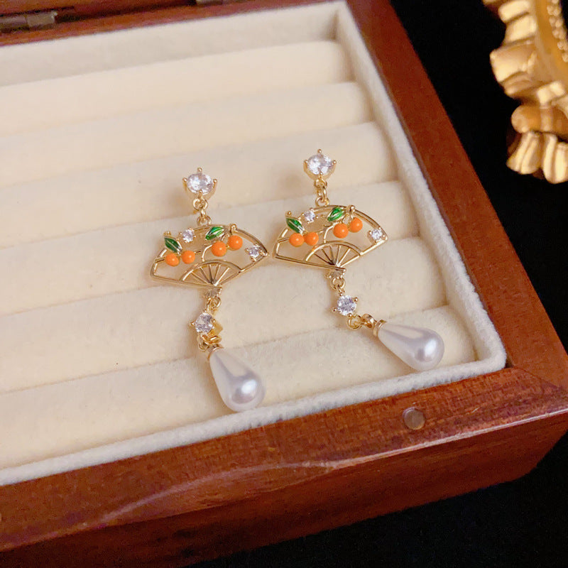 Enamel Persimmon Fan Teardrop Pearl Drop Earrings – Elegant Design