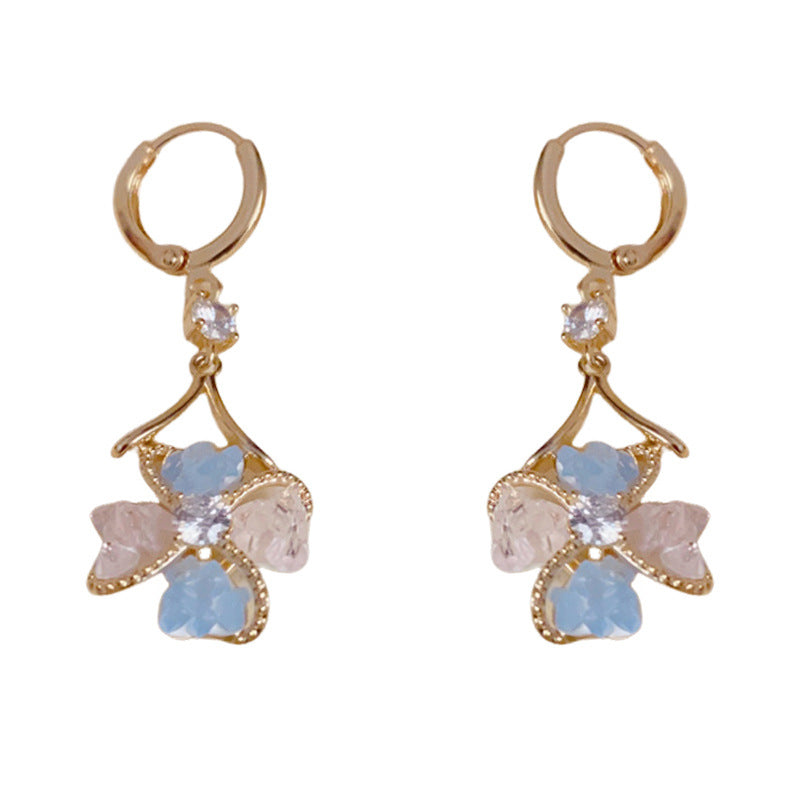 14K Gold Sweet Zircon Heart & Flower Tassel Earrings – Elegant Design