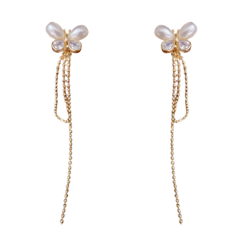Luxury Pearl & Butterfly Tassel Drop Earrings – Silver Needle Design