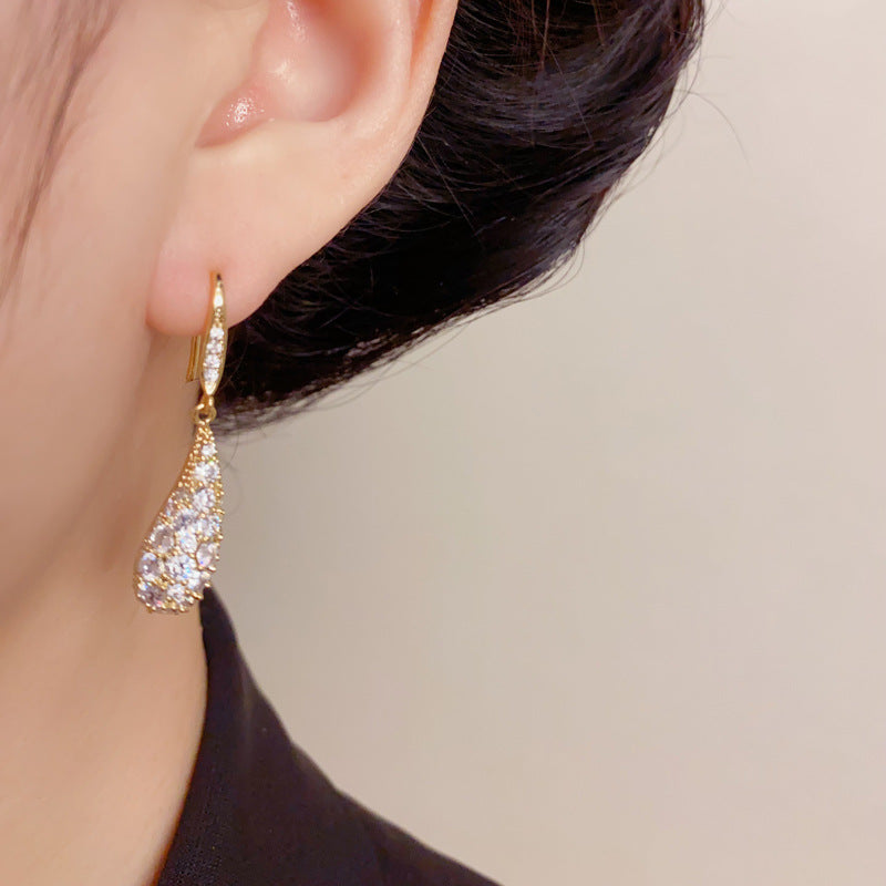 Elegant Full-Zircon Teardrop Ear Hooks – Minimalist Long Drop Design