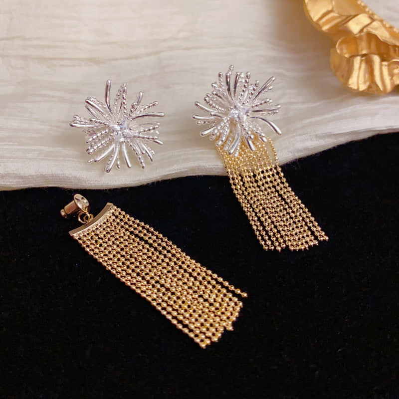 Elegant Metal Firework Dual-Wear Tassel Drop Earrings – Floral Design