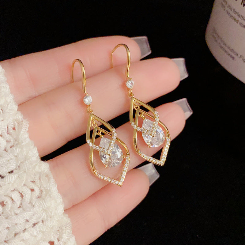 14K Gold Double-Layer Rhombus Earrings - Elegant Minimalist Design