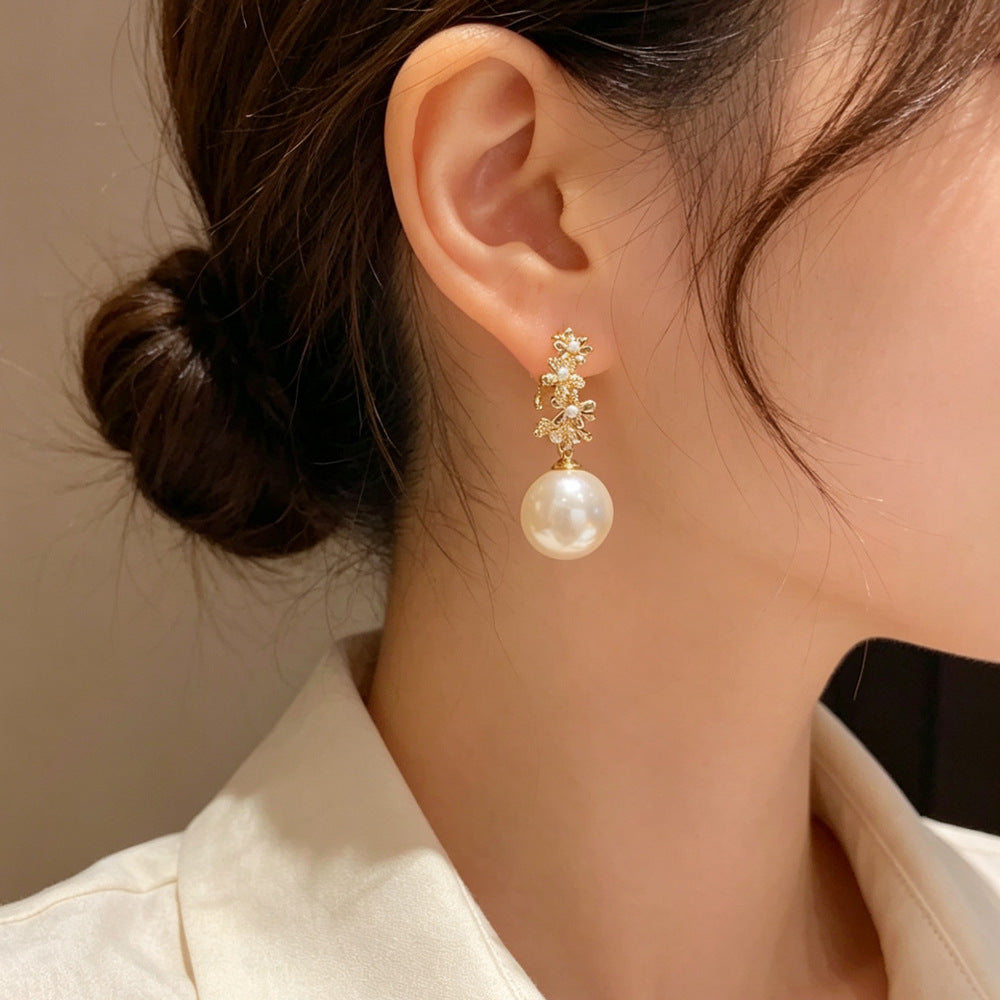 Eaioncol Metal Petal Pearl Drop Earrings Gold Silver
