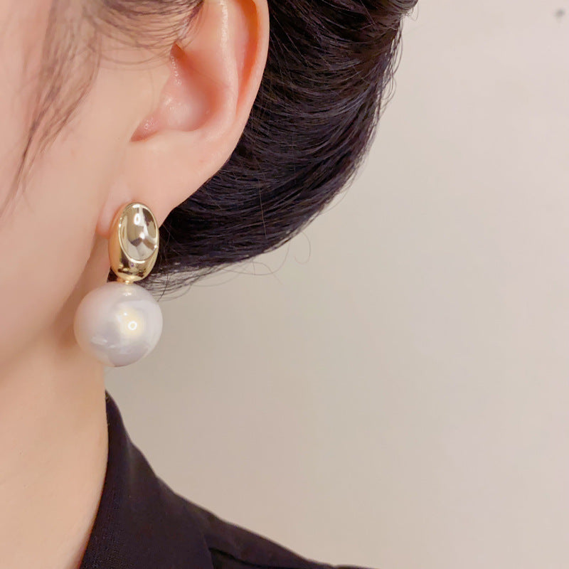 Eaioncol Metal Oval Large Pearl Drop Earrings Gold Silver